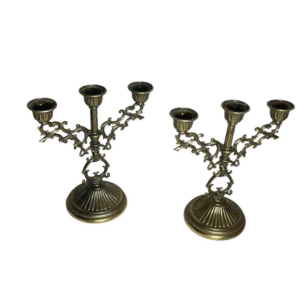 Pair Vintage Mini Brass 3-Arm Candelabra Candle Holders Ornate Baroque Style
